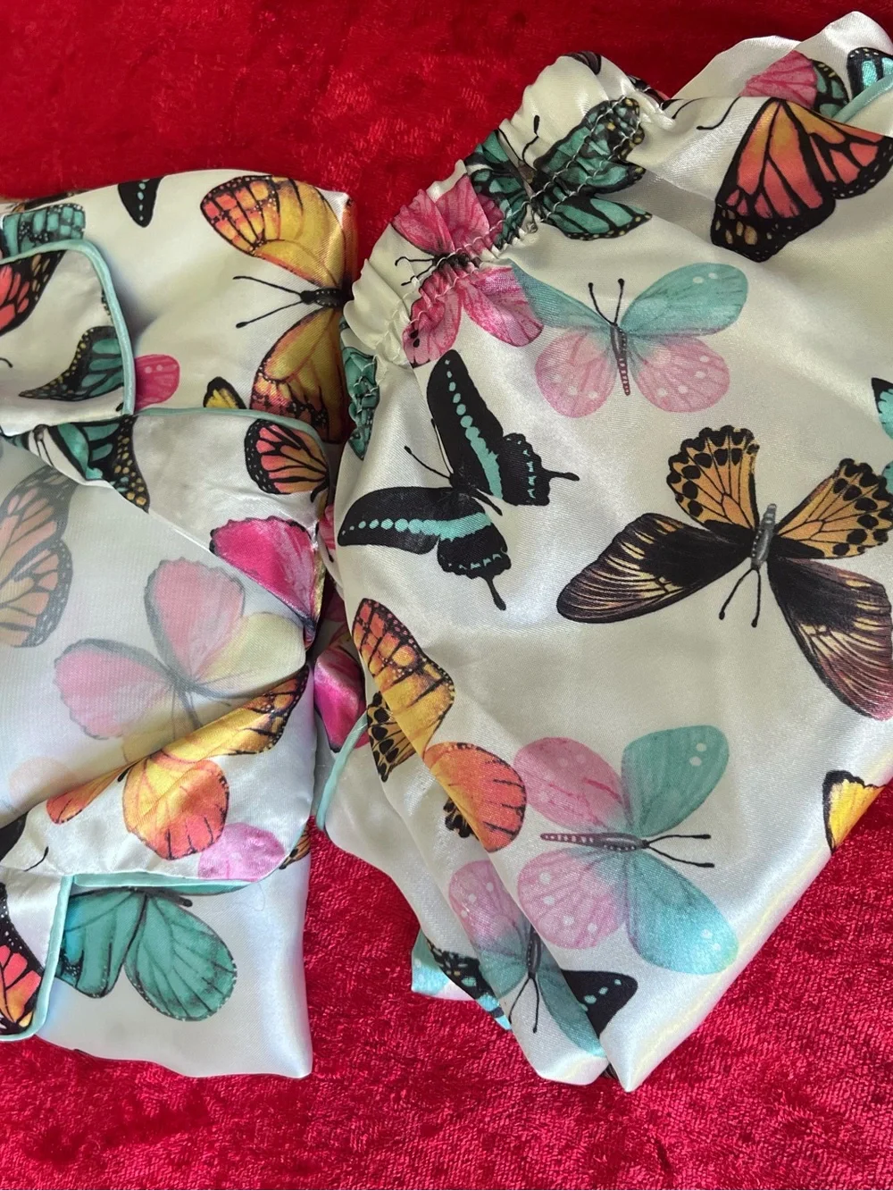 Magic Cream Butterfly Print Satin Shorts with Pink, Teal, Yellow & Black pajama